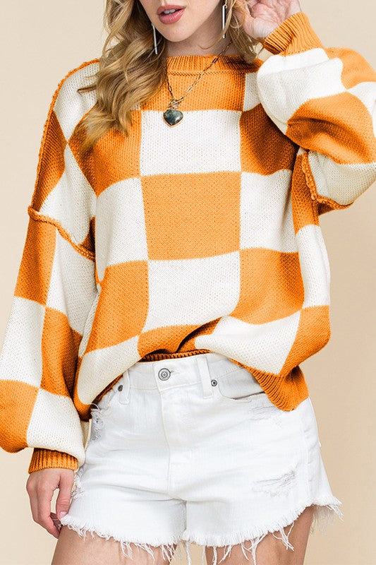 Checkered Bishop Sleeve Sweater