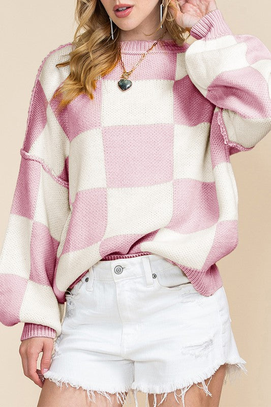 Checkered Bishop Sleeve Sweater