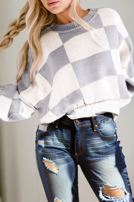 Checkered Bishop Sleeve Sweater