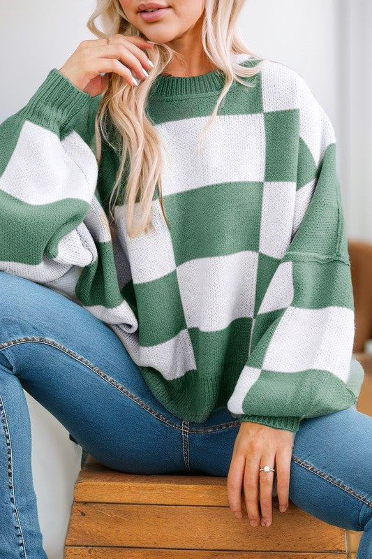 Checkered Bishop Sleeve Sweater