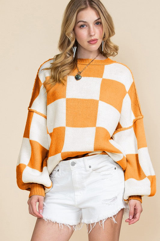 Checkered Bishop Sleeve Sweater