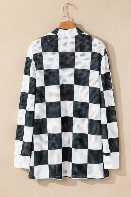 Checkered Waffle Knit Cardigan