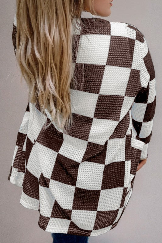 Checkered Waffle Knit Cardigan