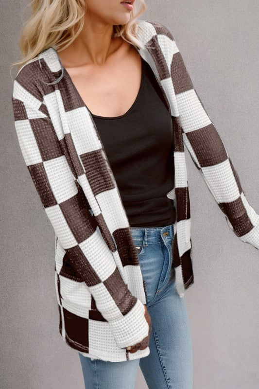 Checkered Waffle Knit Cardigan