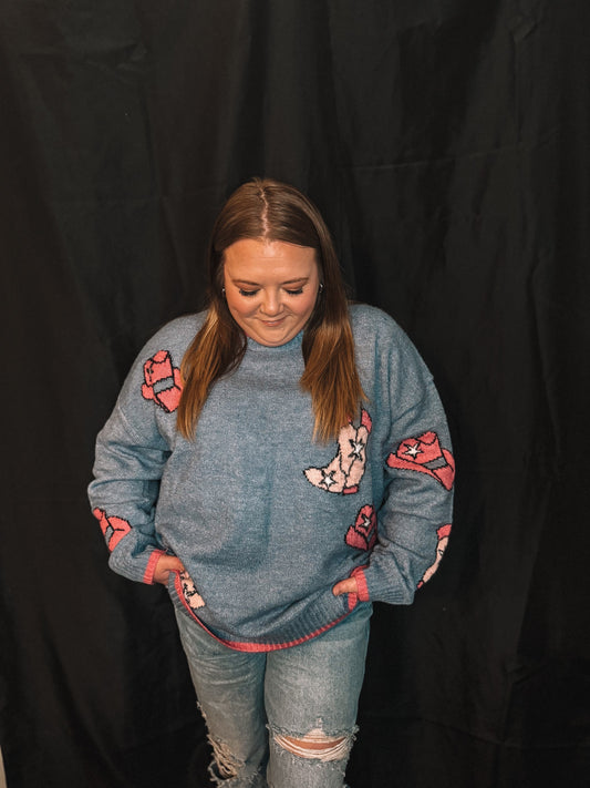 Loose Fit Sweater with Cowboy Hat and Boots