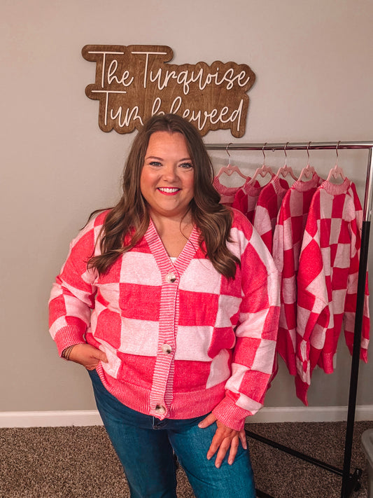 Pink Checkered V-Neck Cardigan